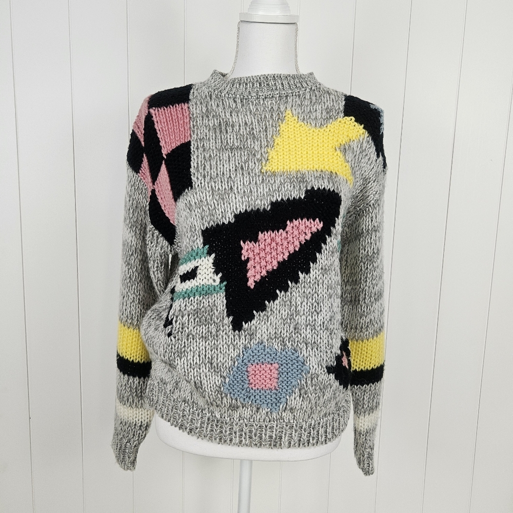 Vintage Ninon de Lenclos Womens Small Hand Knitted Sweater Gray Multi-Color